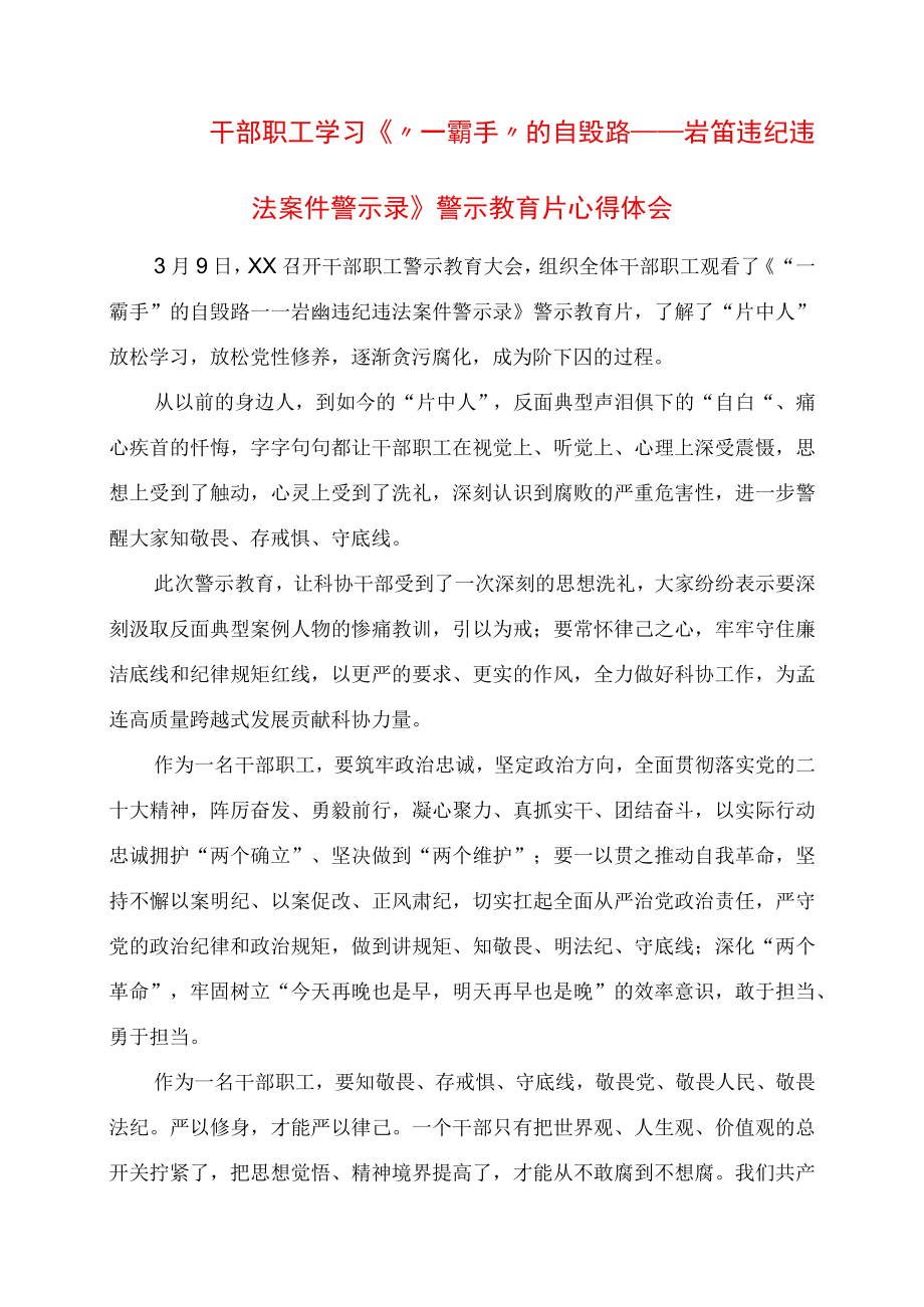 2023年村干部学习一霸手的自毁路——岩甾违纪违法案件警示录警示教育片心得体会.docx_第1页