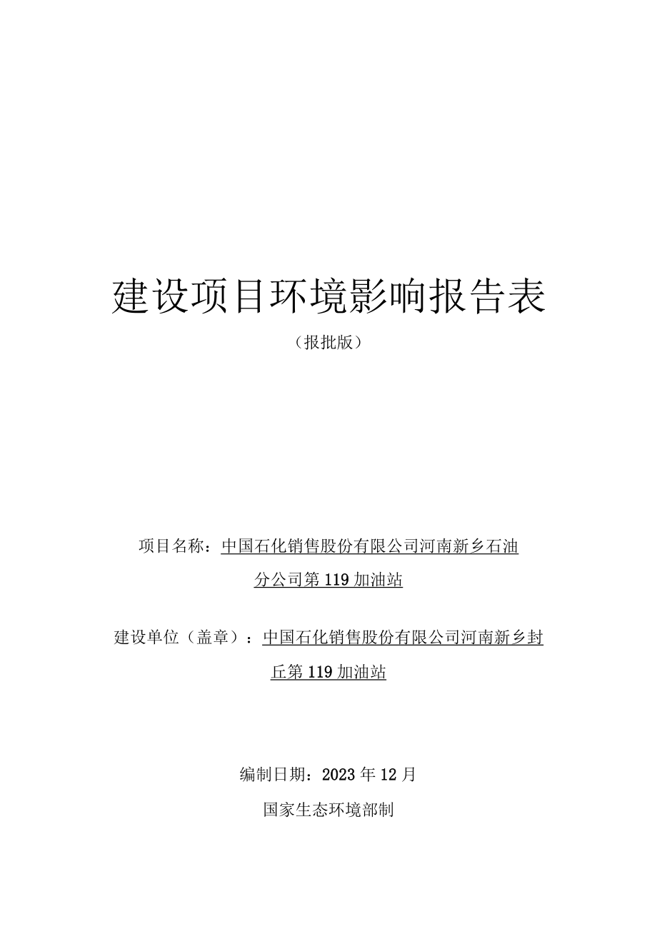 中国石化销售股份有限公司河南新乡石油分公司第119加油站环境影响报告.docx_第1页