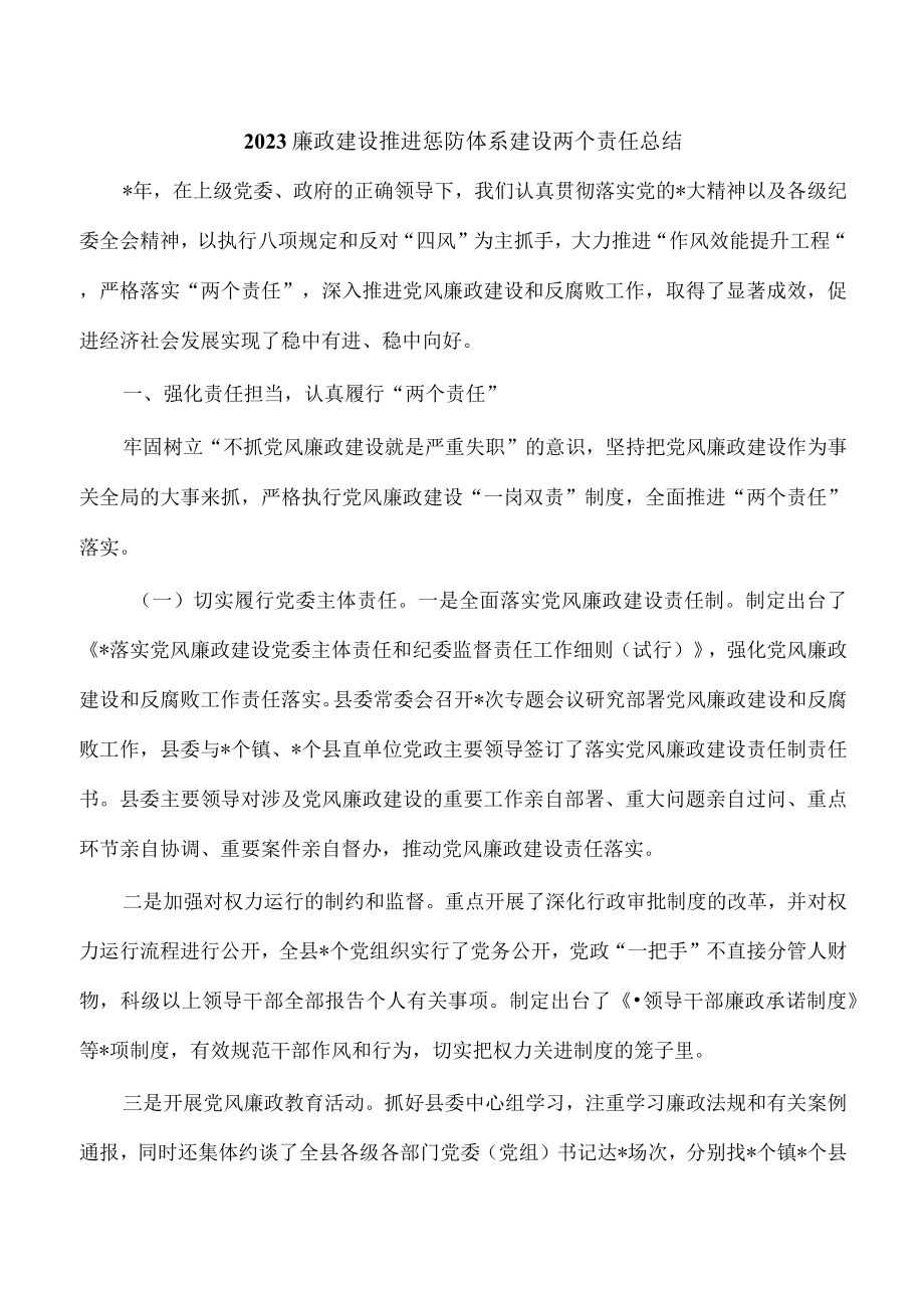 2023廉政建设推进惩防体系建设两个责任总结.docx_第1页