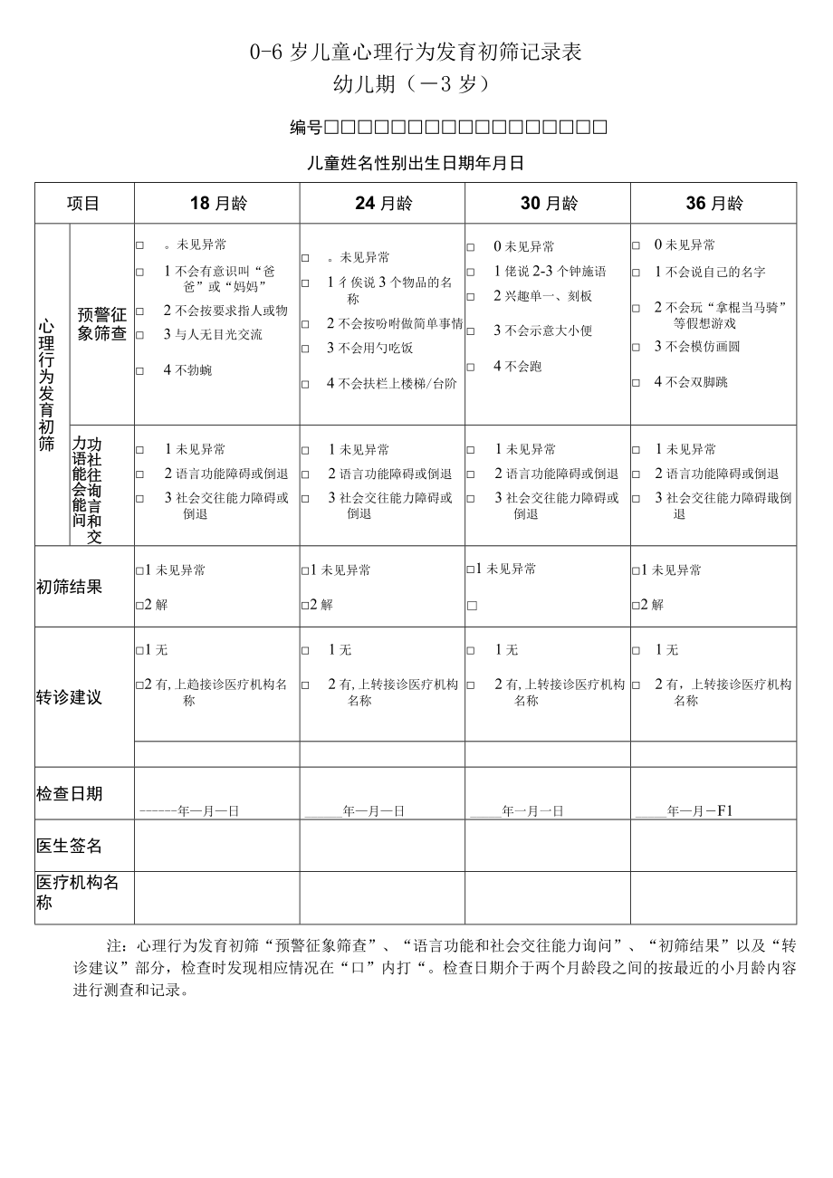 06岁儿童心理行为发育初筛记录表.docx_第1页