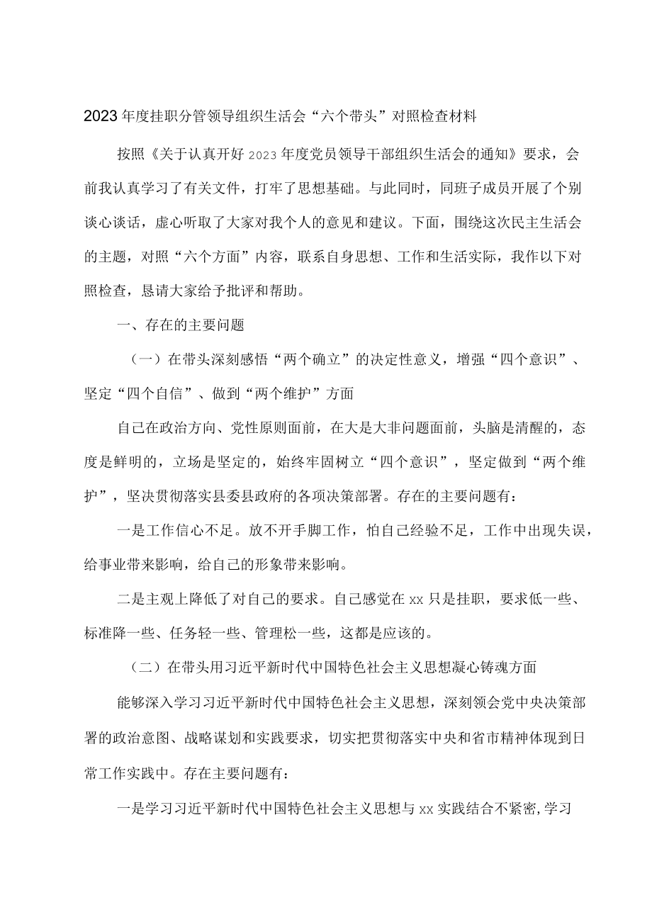 2023年度挂职分管领导组织生活会六个带头个人对照检查材料.docx_第1页