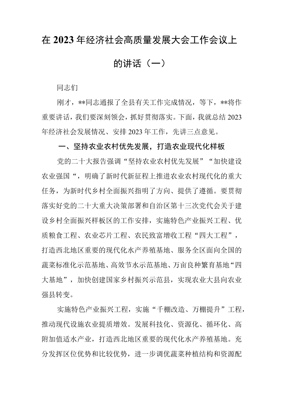 2篇在2023年经济社会高质量发展大会工作会议上的讲话.docx_第1页