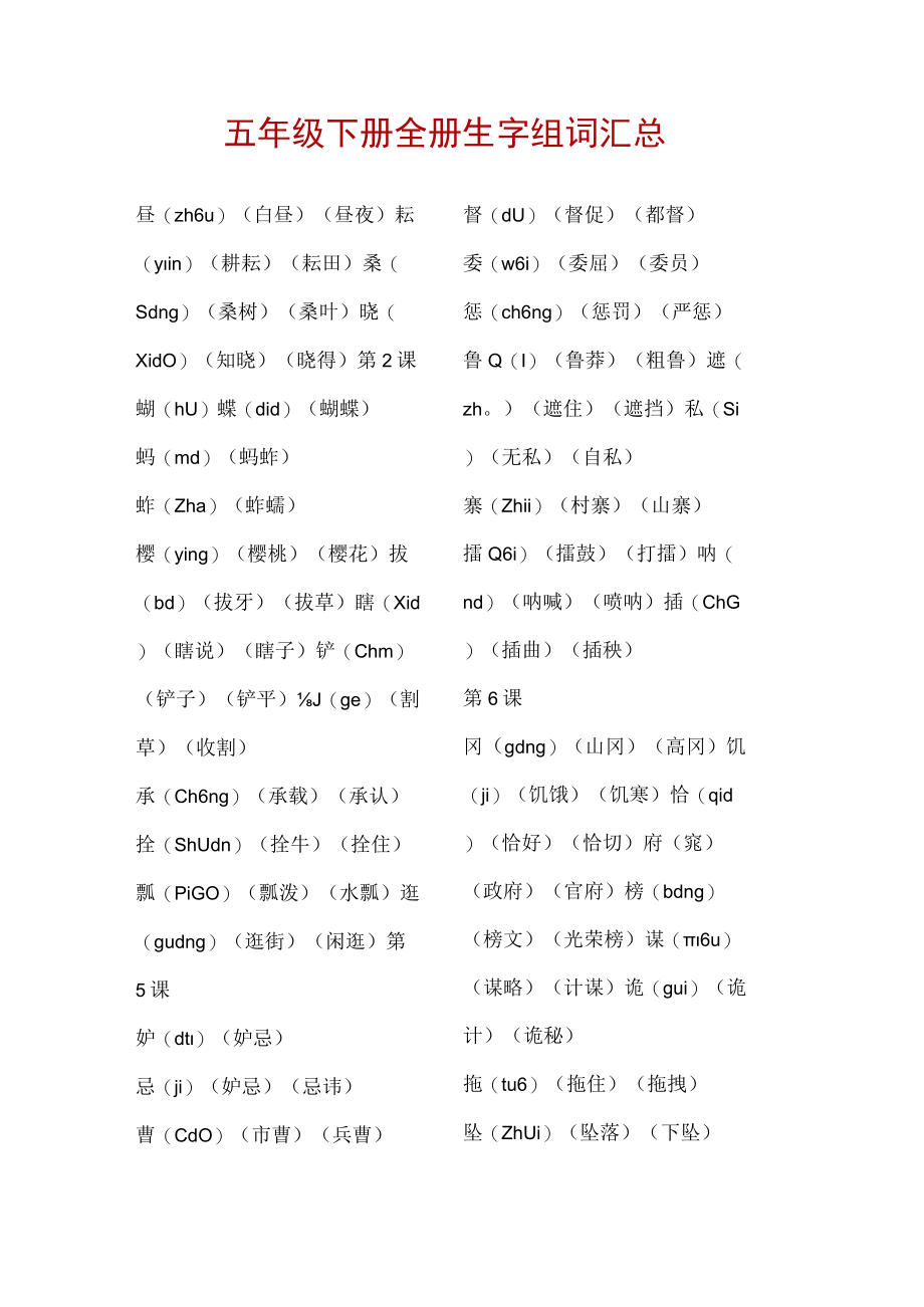 五年级下册全册生字组词汇总.docx_第1页