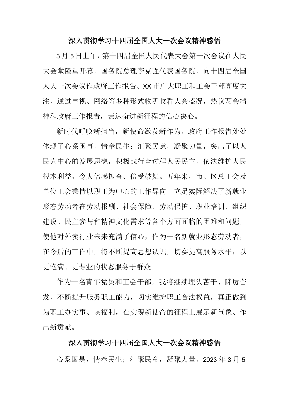 事业单位深入贯彻学习十四届全国人大一次会议心得体会感悟合计4份.docx_第1页