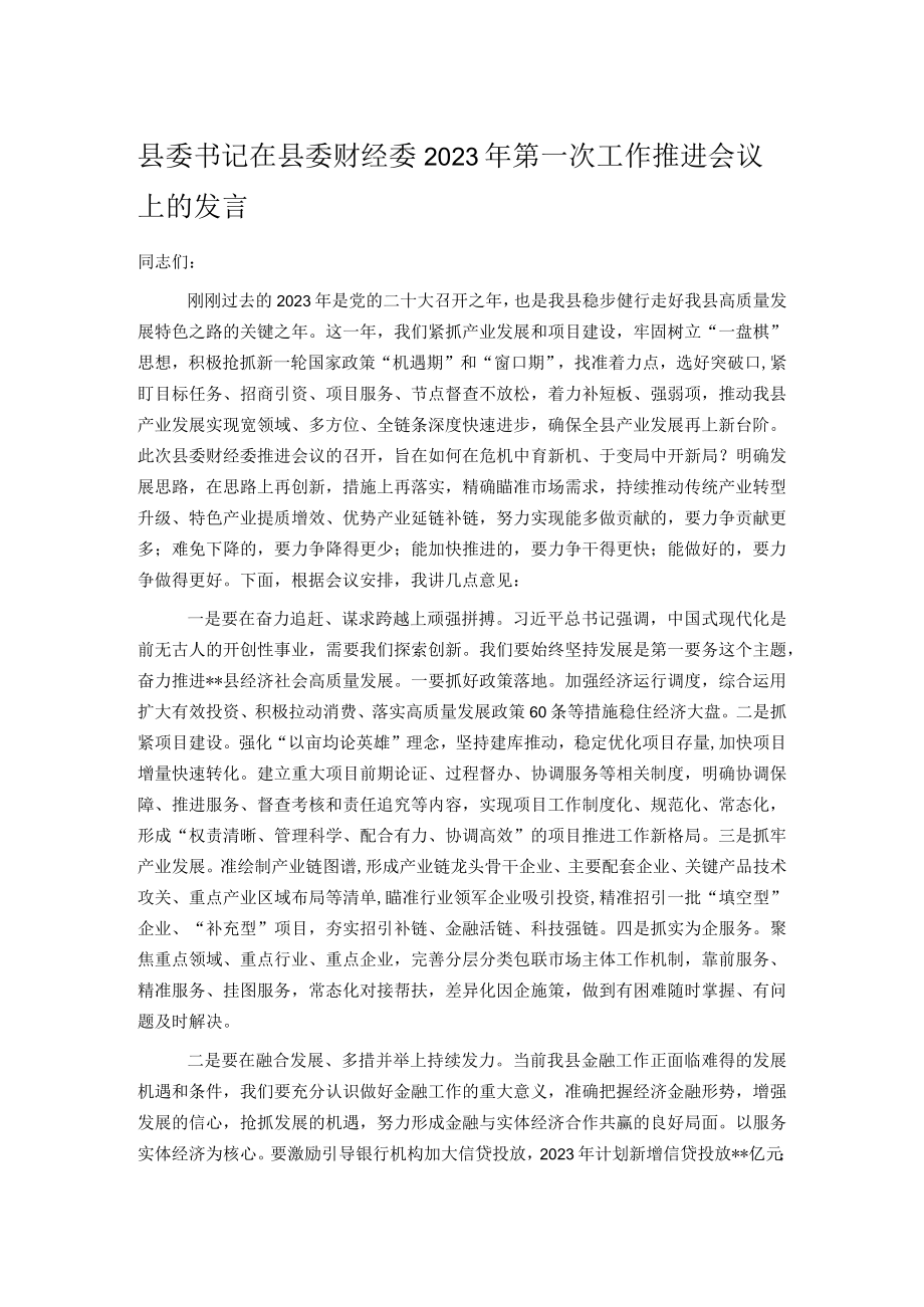 县委书记在县委财经委2023年第一次工作推进会议上的发言.docx_第1页