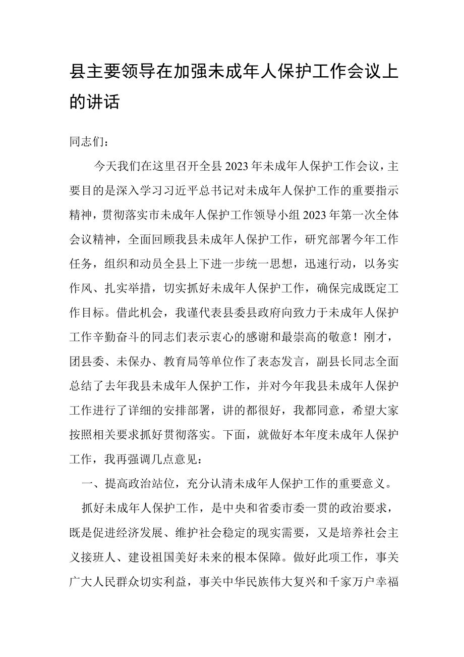 县主要领导在加强未成年人保护工作会议上的讲话.docx_第1页