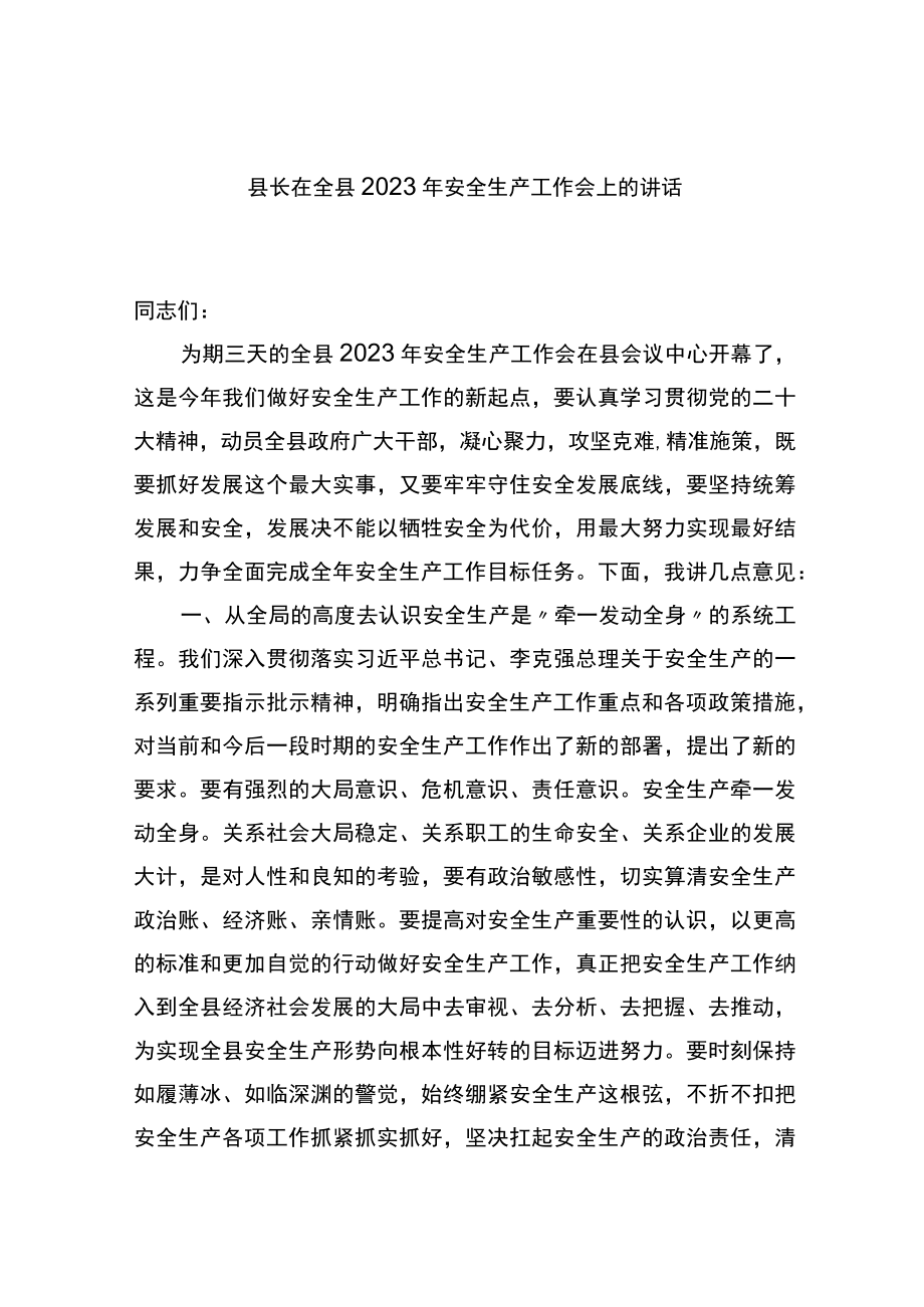 县长在全县2023年安全生产工作会上的讲话.docx_第1页