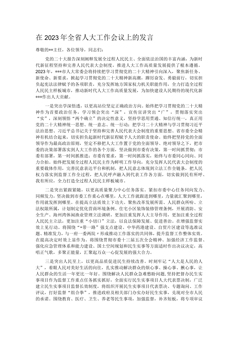 在2023年全省人大工作会议上的发言.docx_第1页