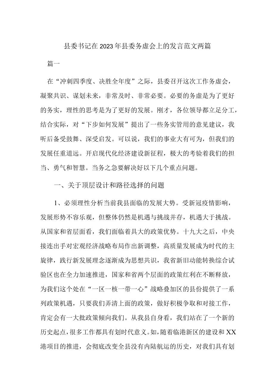 县委书记在2023年县委务虚会上的发言范文两篇.docx_第1页