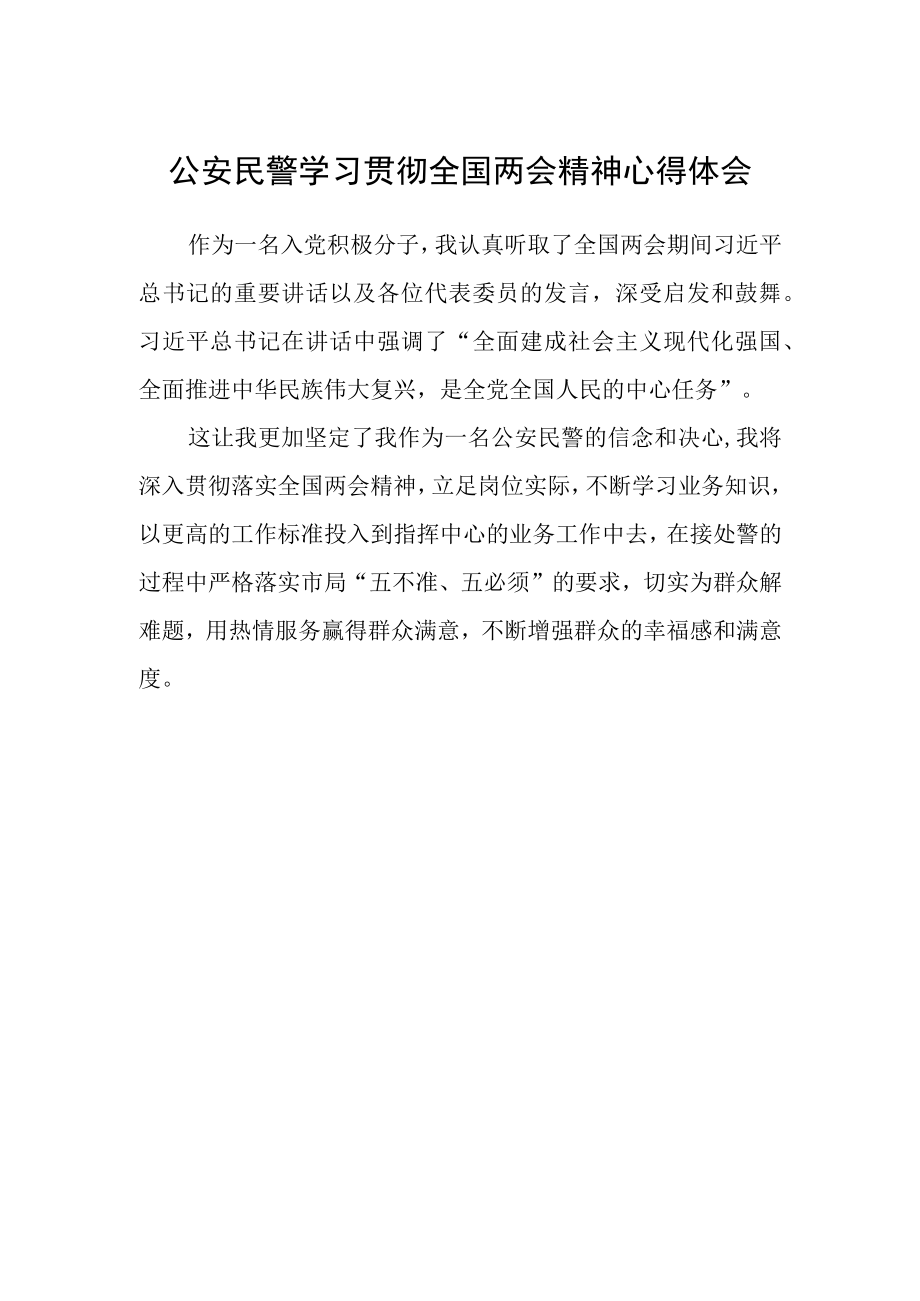 公安民警学习贯彻全国两会精神心得体会.docx_第1页