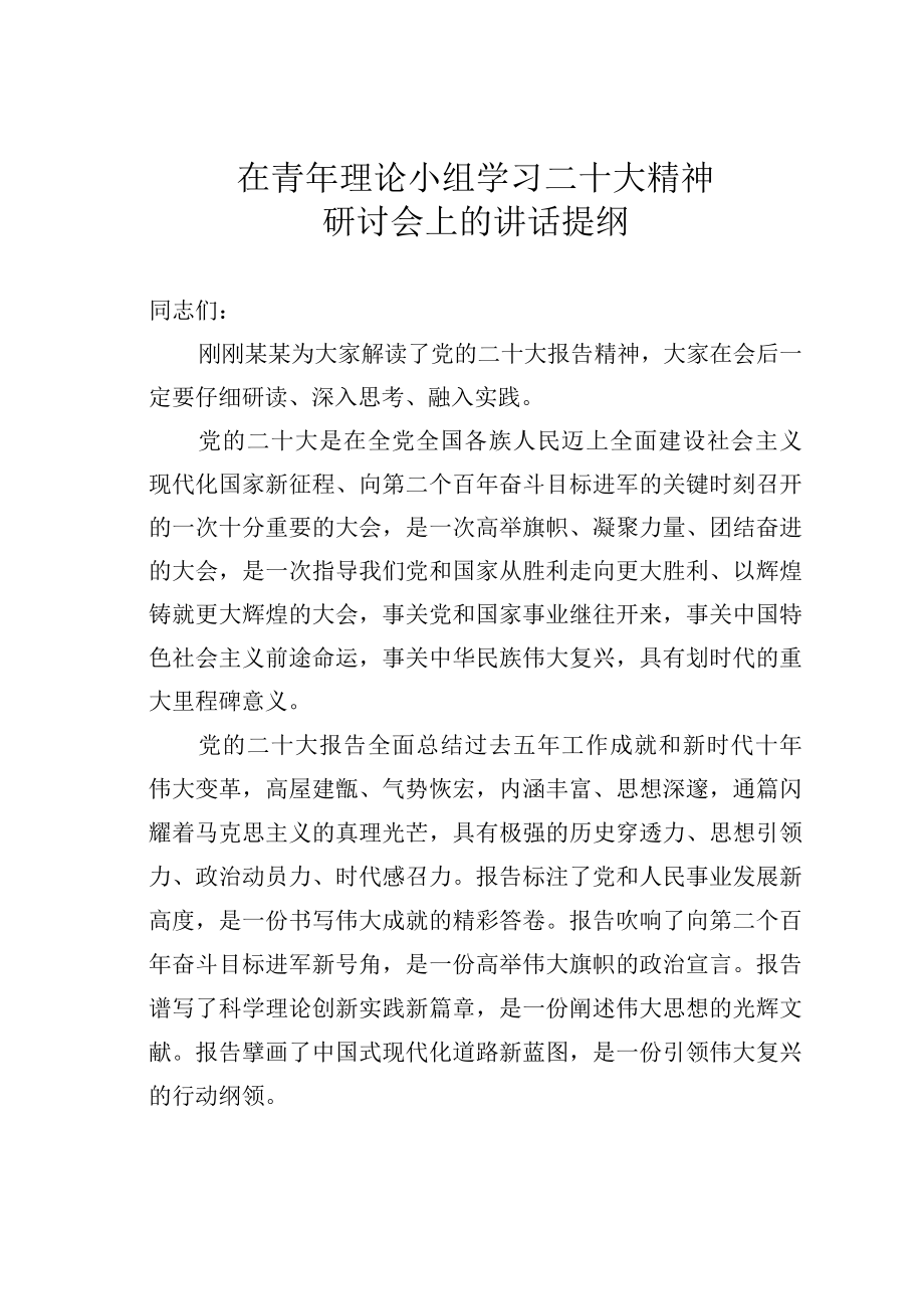 在青年理论小组学习二十大精神研讨会上的讲话提纲.docx_第1页