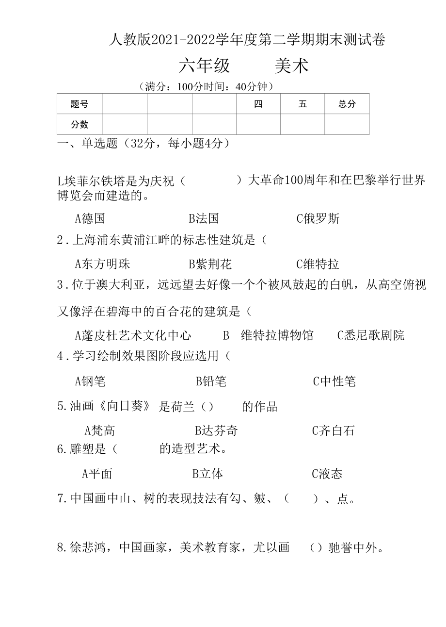 人教版2021--2022学年度第二学期六年级美术下册期末测试卷及答案.docx_第1页