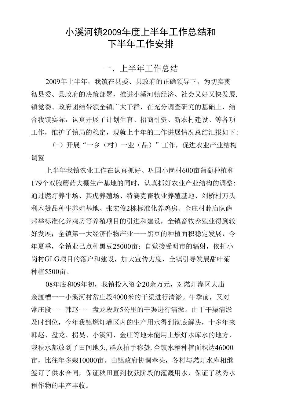 小溪河镇2009年度上半年工作总结和.docx_第1页