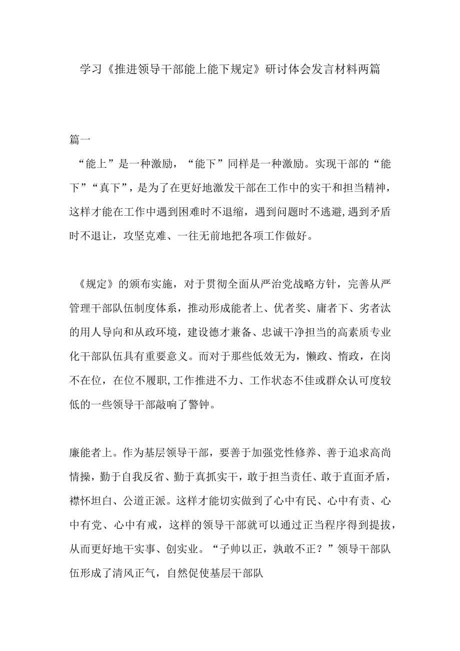 学习推进领导干部能上能下规定研讨体会发言材料两篇.docx_第1页