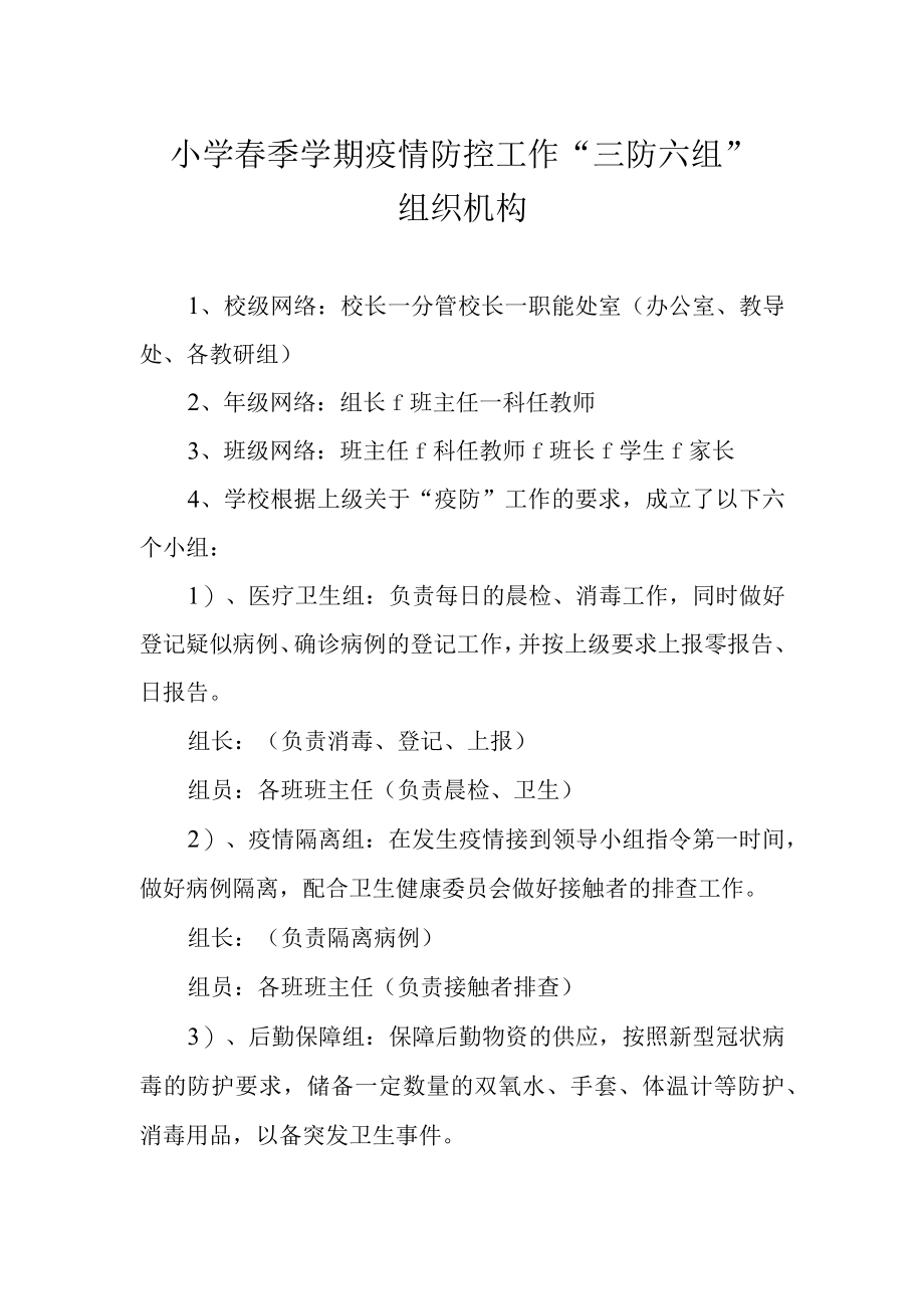 小学春季学期疫情防控工作三防六组组织机构.docx_第1页