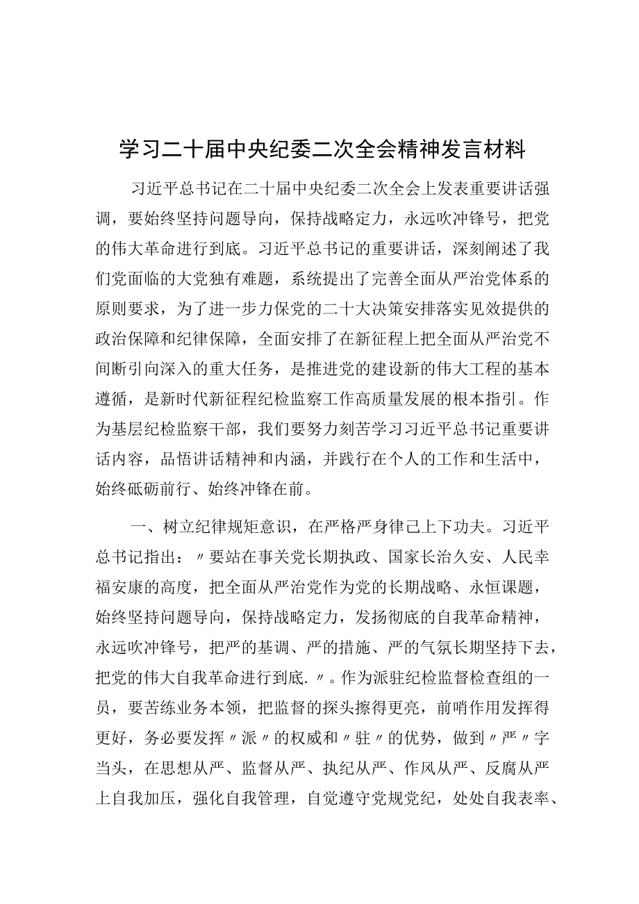 学习二十届中央纪委二次全会精神发言材料.docx_第1页