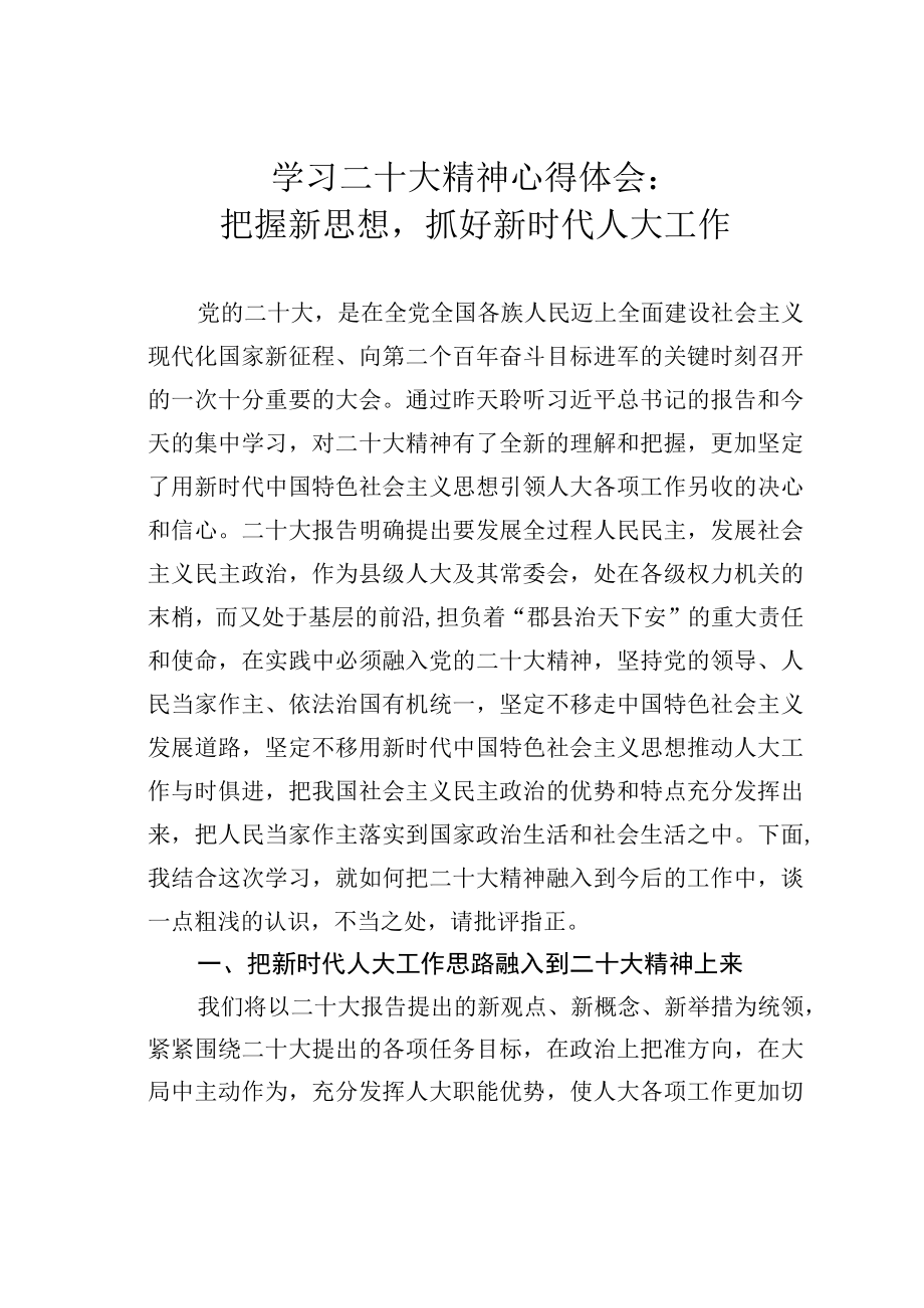 学习二十大精神心得体会：把握新思想抓好新时代人大工作.docx_第1页