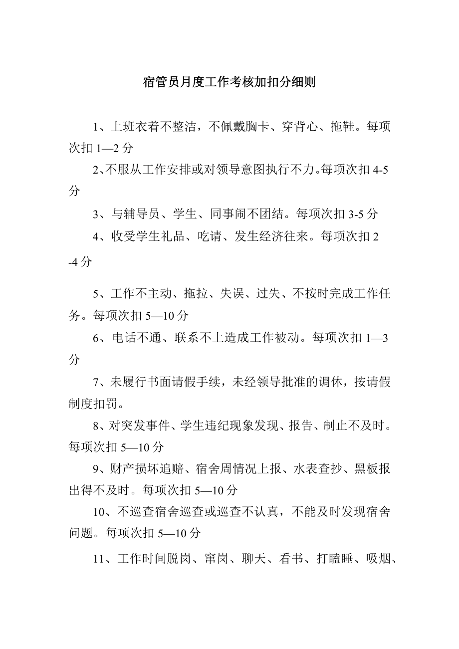 宿管员月度工作考核加扣分细则.docx_第1页