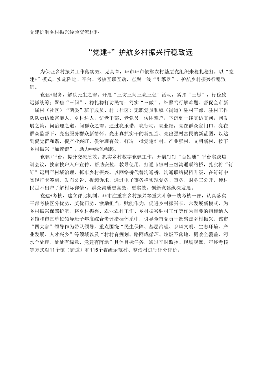 党建护航乡村振兴经验交流材料.docx_第1页