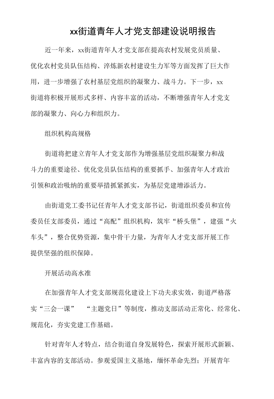 xx街道青年人才党支部建设说明报告.docx_第1页