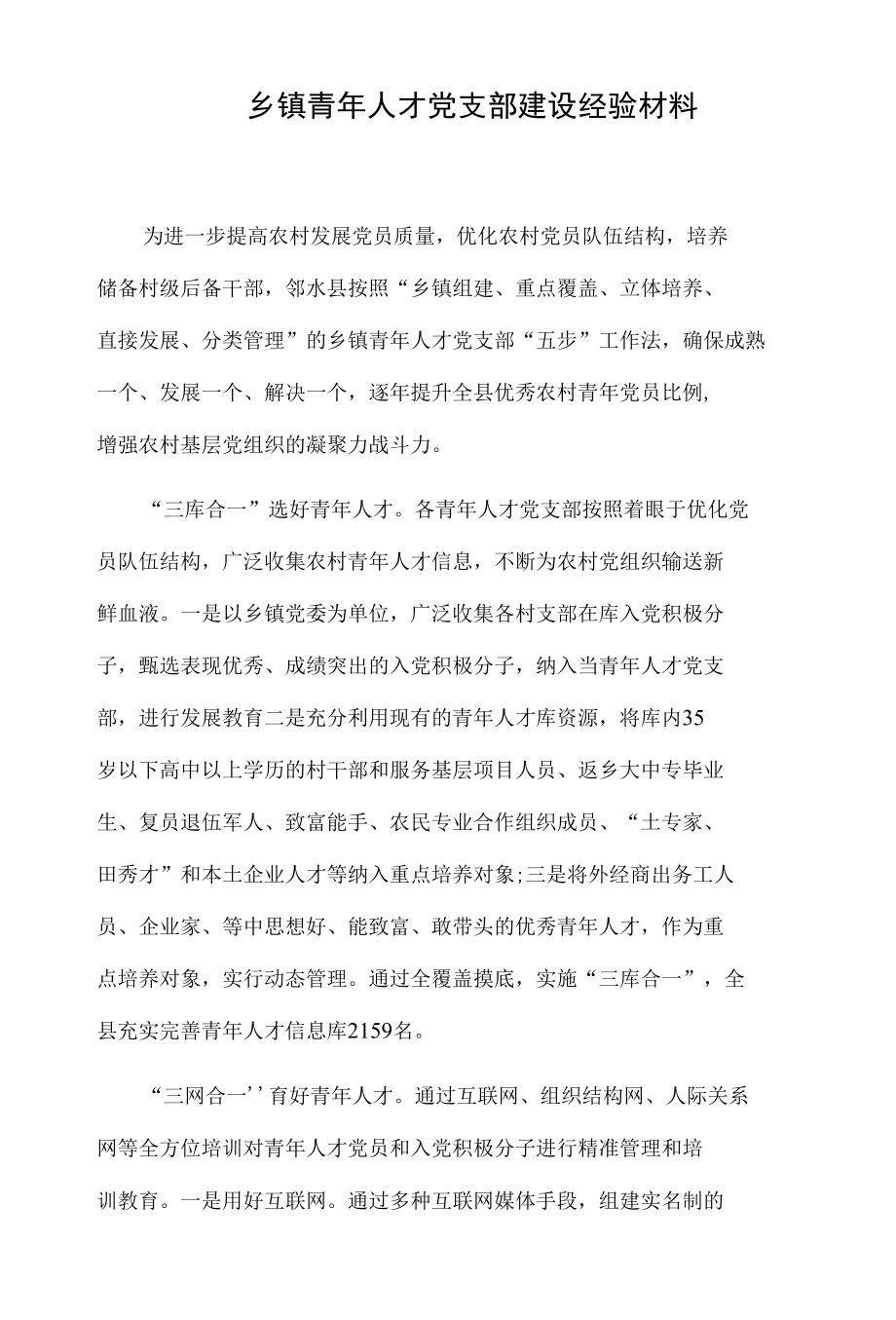 乡镇青年人才党支部建设经验材料.docx_第1页