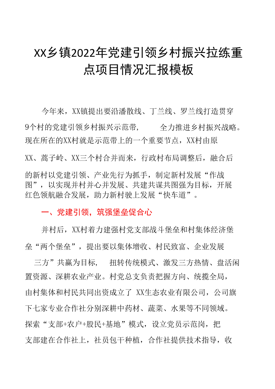 XX乡镇2022年党建引领乡村振兴拉练重点项目情况汇报模板.docx_第1页