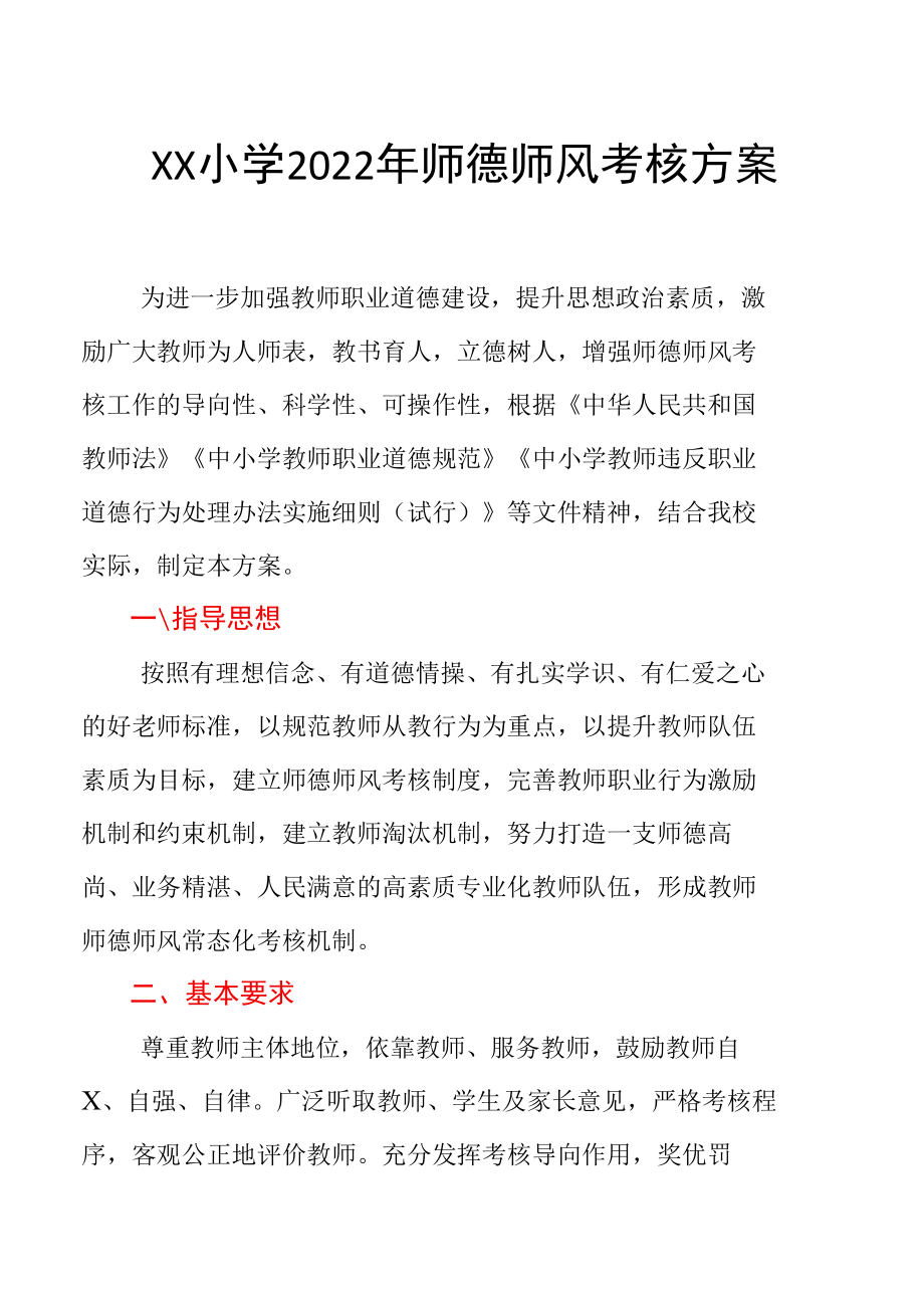 XX小学2022年师德师风考核方案.docx_第1页