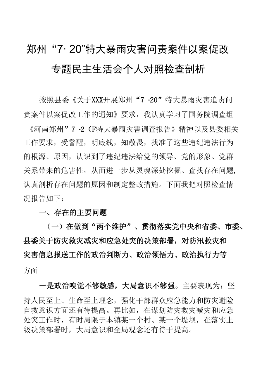 郑州“720”特大暴雨灾害问责案件以案促改专题民主生活会个人对照检查剖析.docx_第1页