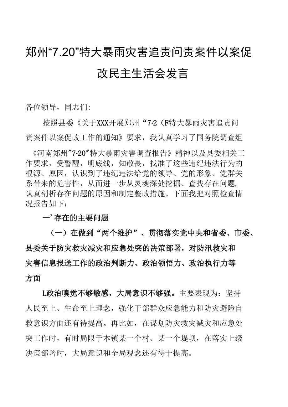 郑州7.20特大暴雨灾害追责问责案件以案促改民主生活会发言.docx_第1页