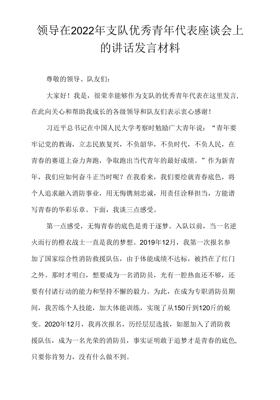 领导在2022年支队优秀青年代表座谈会上的讲话发言材料.docx_第1页