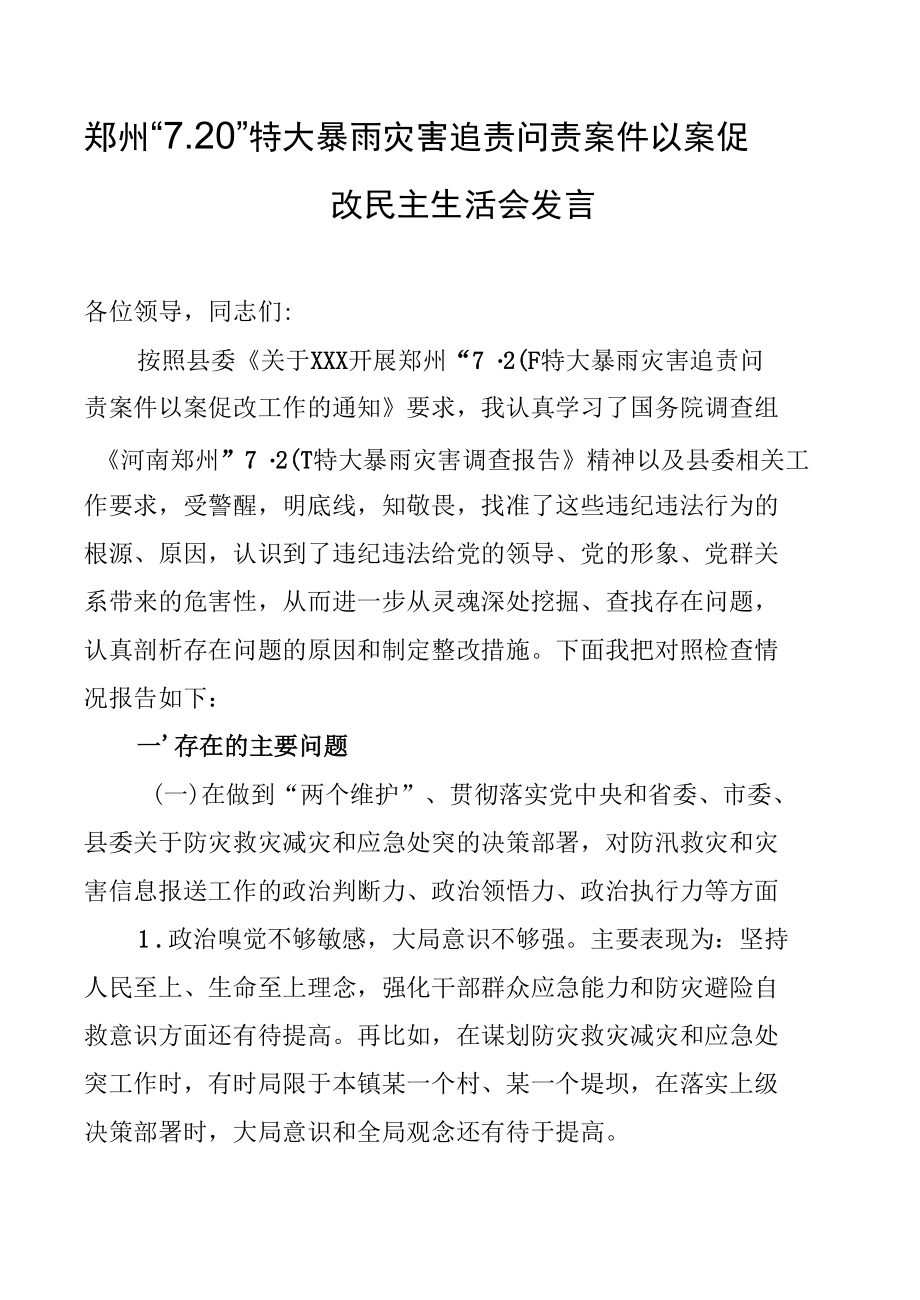 郑州“7.20”特大暴雨灾害追责问责案件以案促改民主生活会讲话发言和相关材料【八篇】.docx_第2页