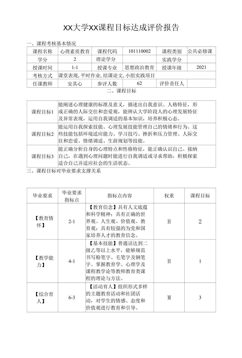 XX大学XX课程目标达成评价报告（模板）.docx_第1页