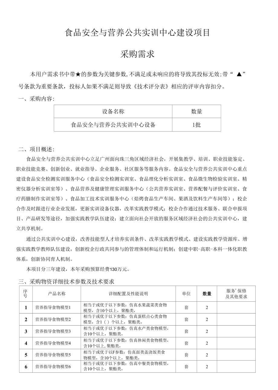 食品安全与营养公共实训中心建设项目采购需求.docx_第1页