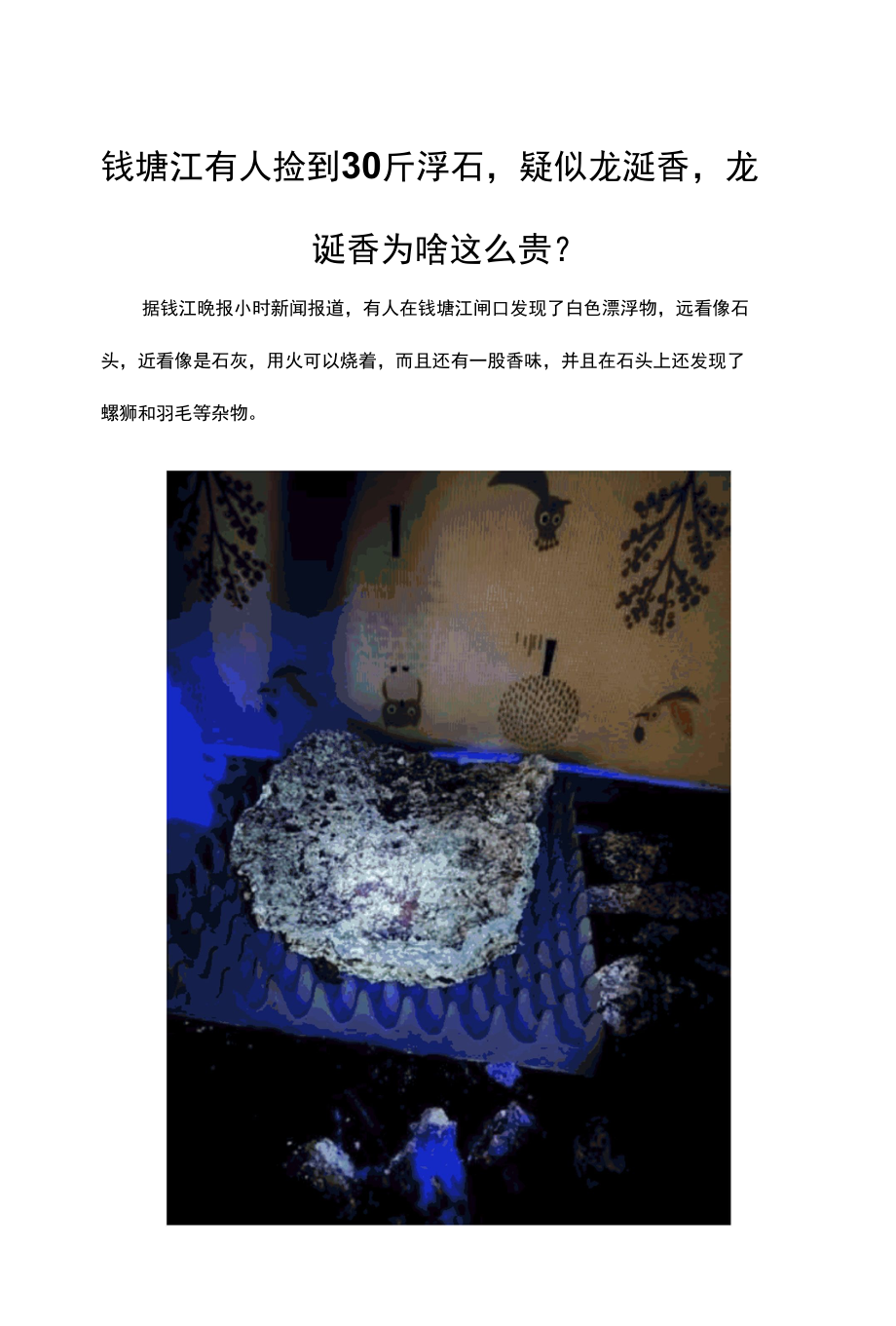 钱塘江有人捡到30斤浮石疑似龙涎香龙涎香为啥这么贵？.docx_第1页