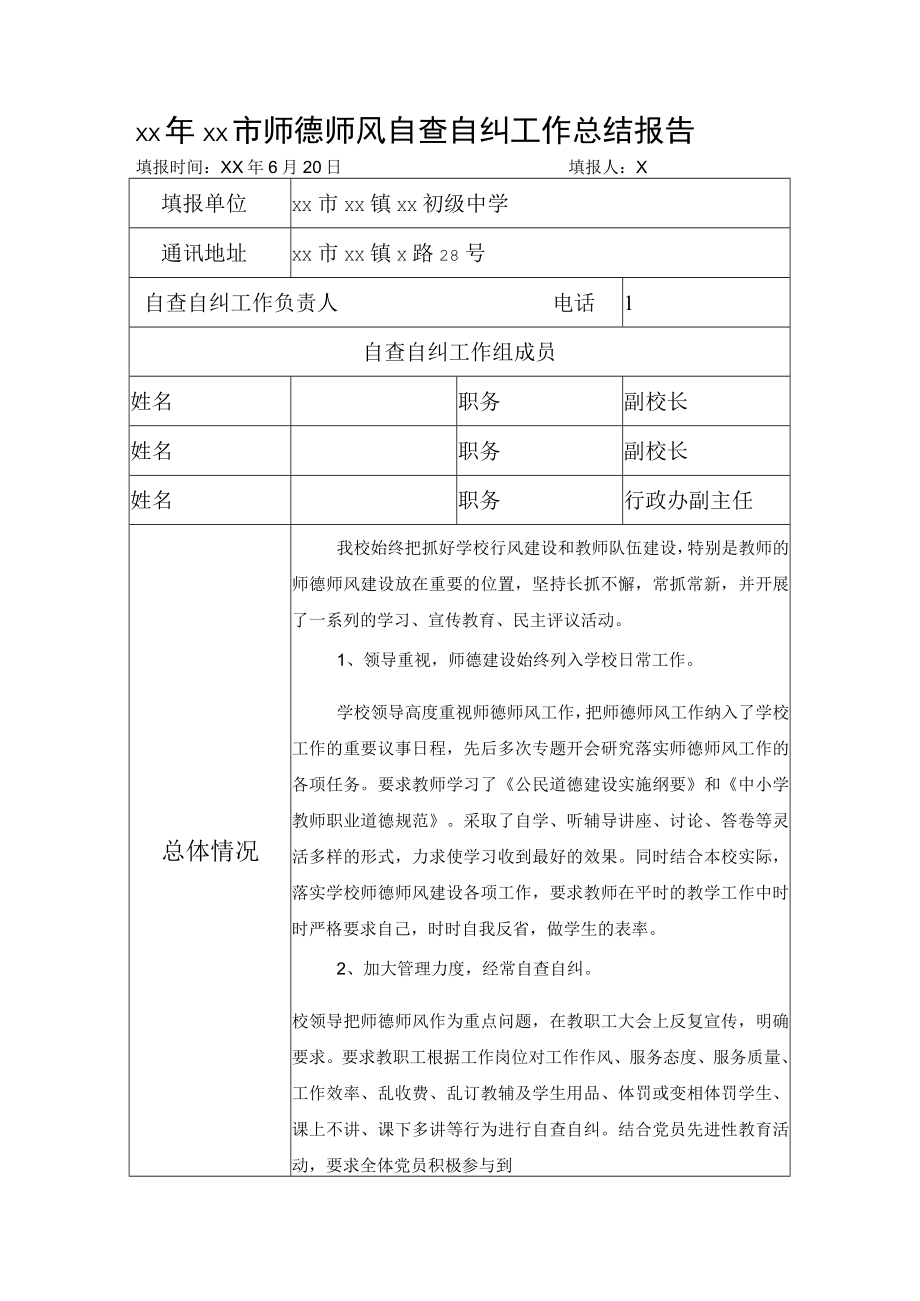 师德师风自查自纠工作总结报告.docx_第1页