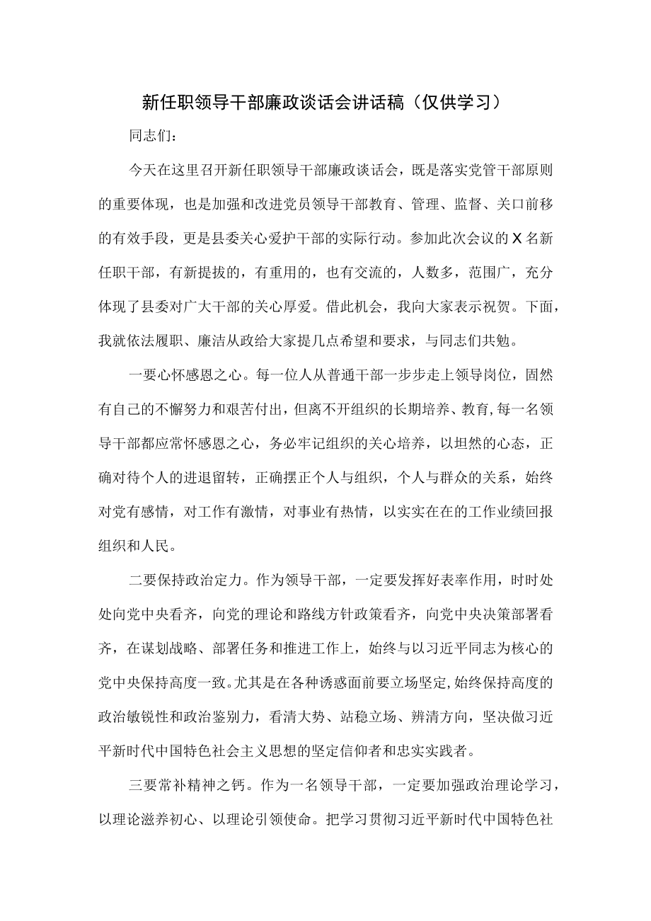 新任职领导干部廉政谈话会讲话稿(1).docx_第1页