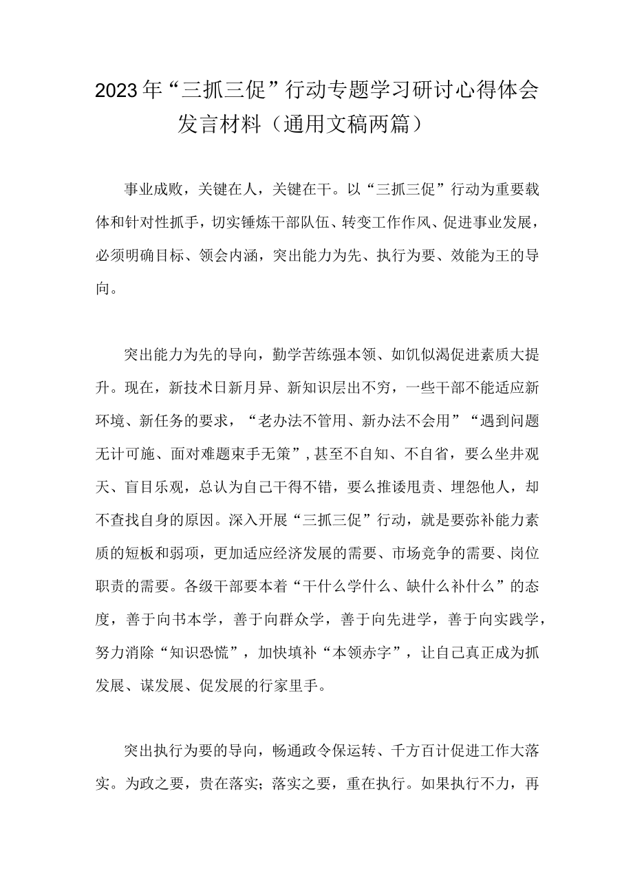 2023年三抓三促行动专题学习研讨心得体会发言材料（通用文稿两篇）.docx_第1页