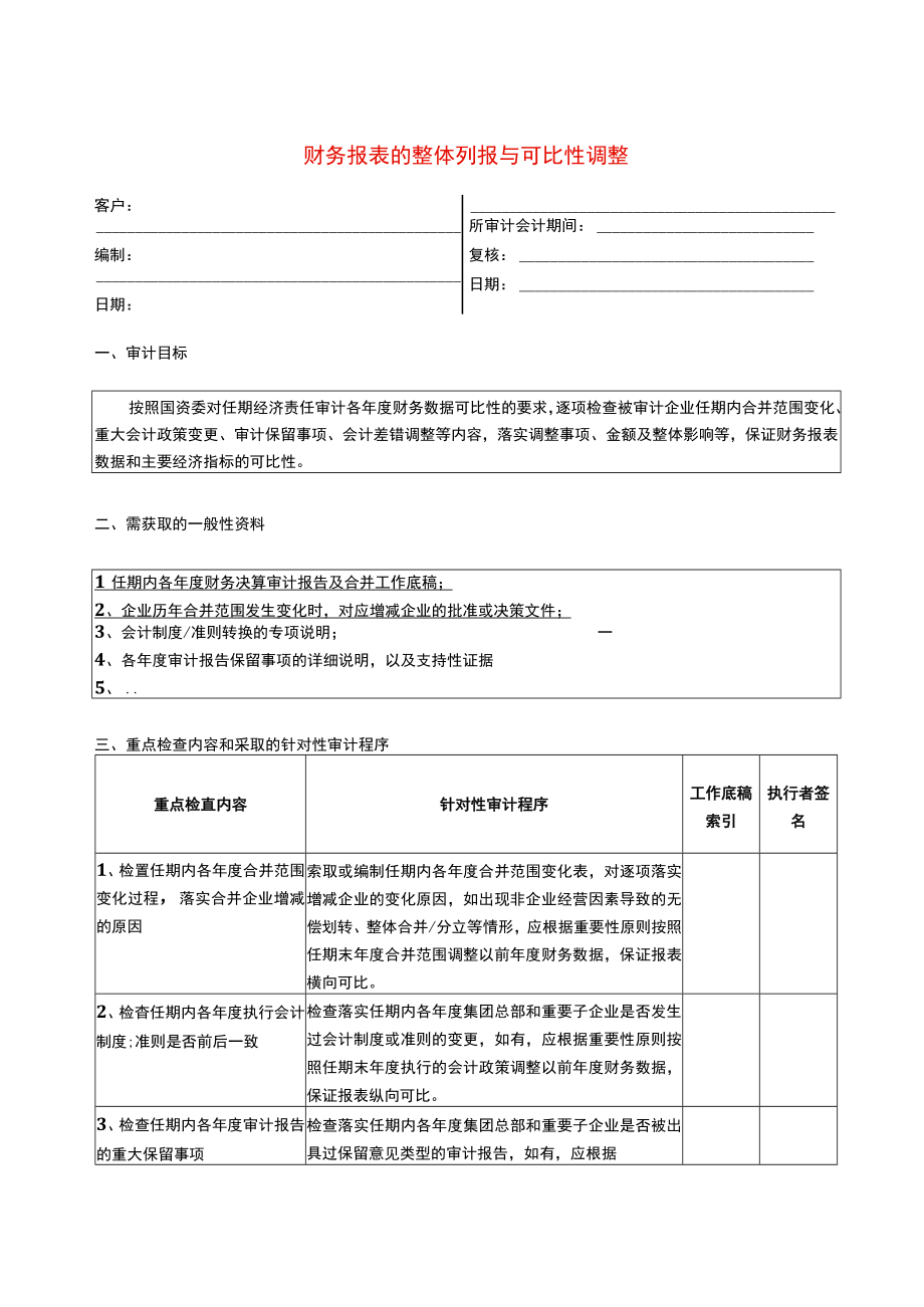 1报表科目审计程序财务报表的整体列报与可比性调整.docx_第1页