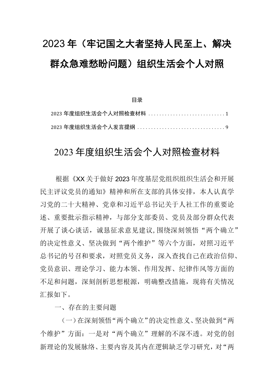 2023年(牢记国之大者坚持人民至上解决群众急难愁盼问题）个人对照检查发言两篇.docx_第1页