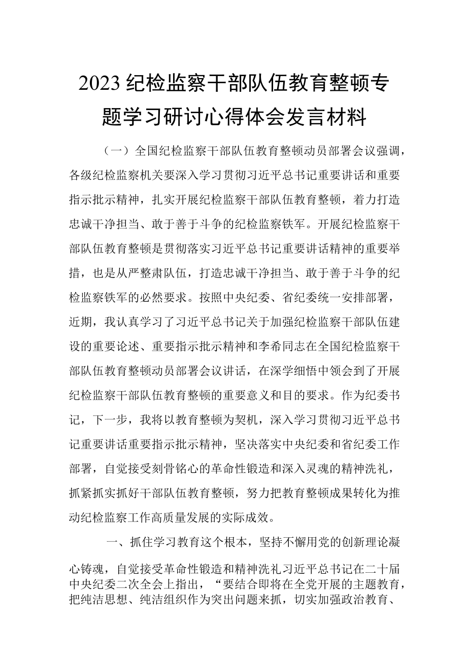 2023纪检监察干部队伍教育整顿专题学习研讨心得体会发言材料.docx_第1页