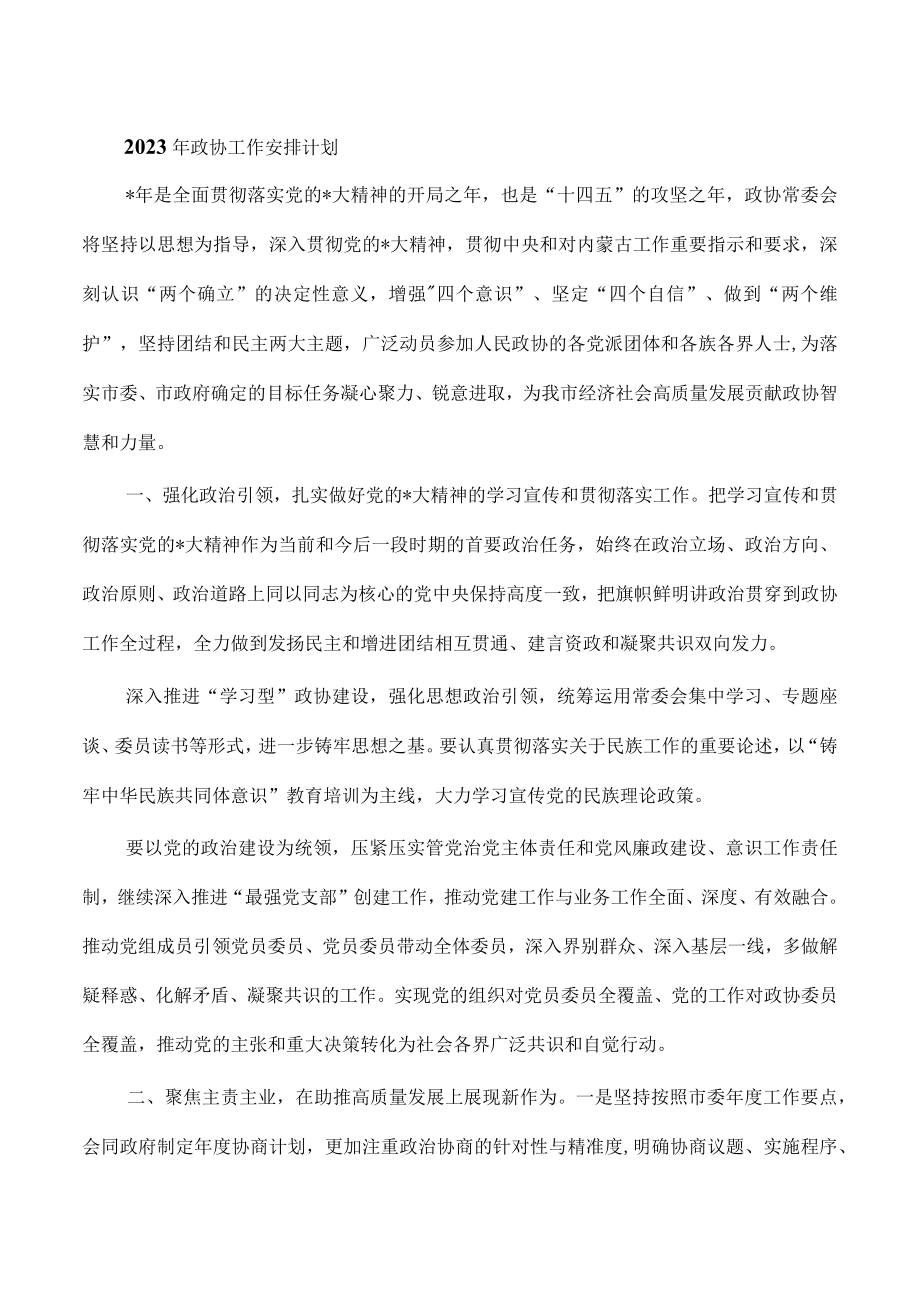 2023年政协工作安排计划.docx_第1页