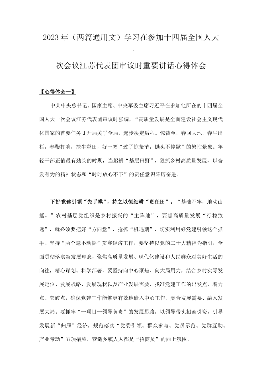 2023年（两篇通用文）学习在参加十四届全国人大一次会议江苏代表团审议时重要讲话心得体会.docx_第1页