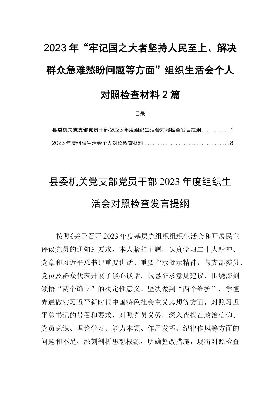 2023年牢记国之大者坚持人民至上解决群众急难愁盼问题等方面组织生活会个人对照检查材料2篇.docx_第1页