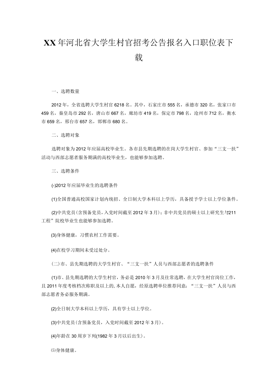 XX年河北省大学生村官招考公告报名入口职位表下载.docx_第1页