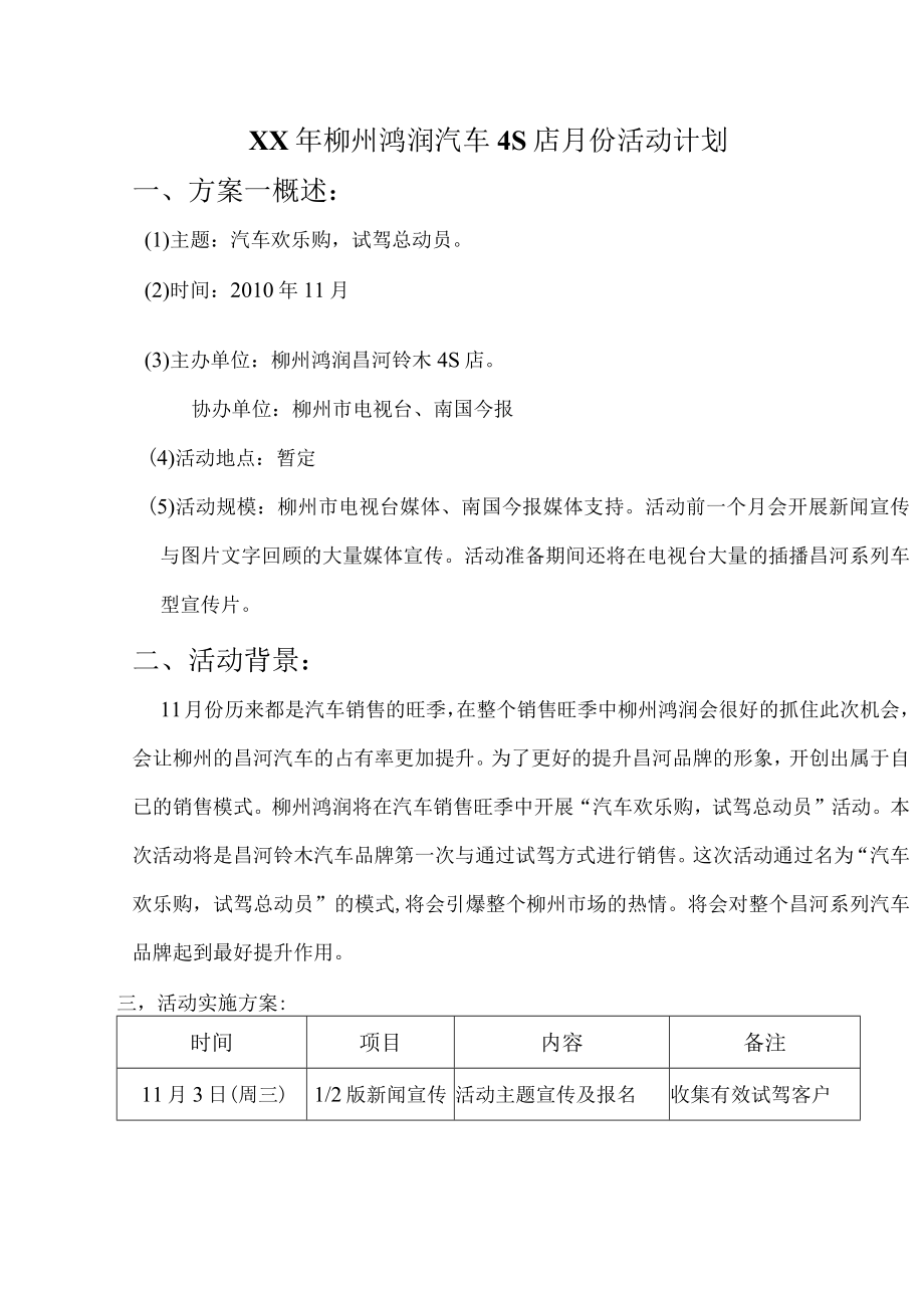 XX年柳州鸿润汽车4S店月份活动计划.docx_第1页