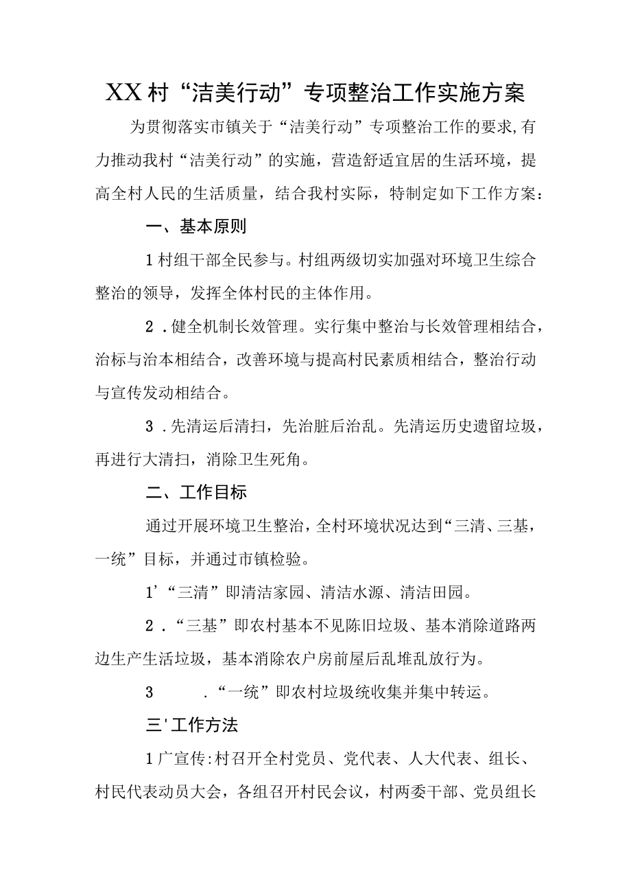 XX村洁美行动专项整治工作实施方案.docx_第1页