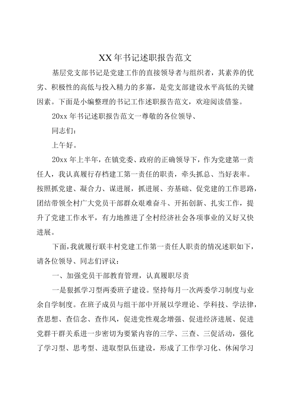 XX年书记述职报告范文.docx_第1页