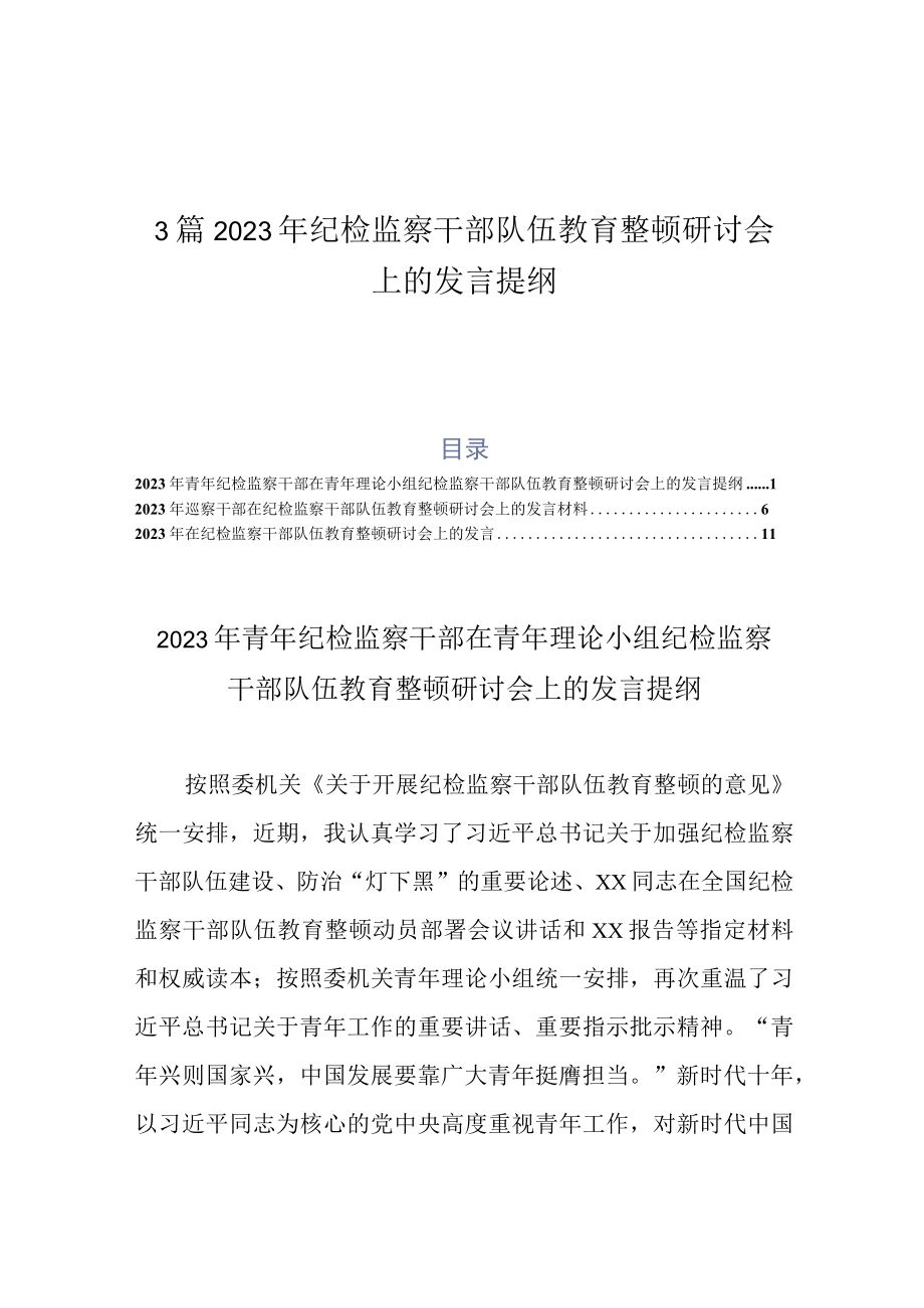 3篇2023年纪检监察干部队伍教育整顿研讨会上的发言提纲.docx_第1页