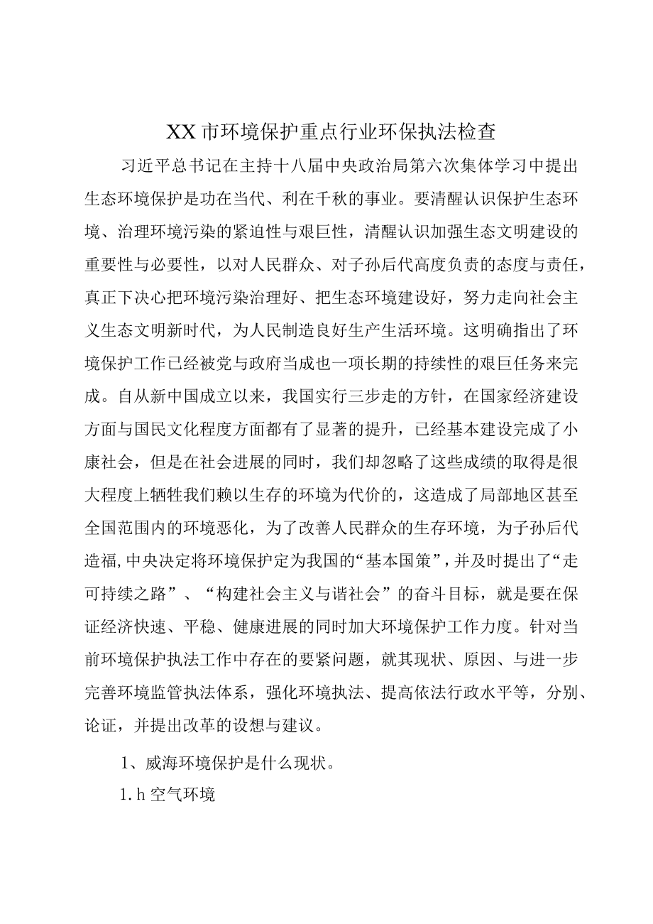 XX市环境保护重点行业环保执法检查.docx_第1页