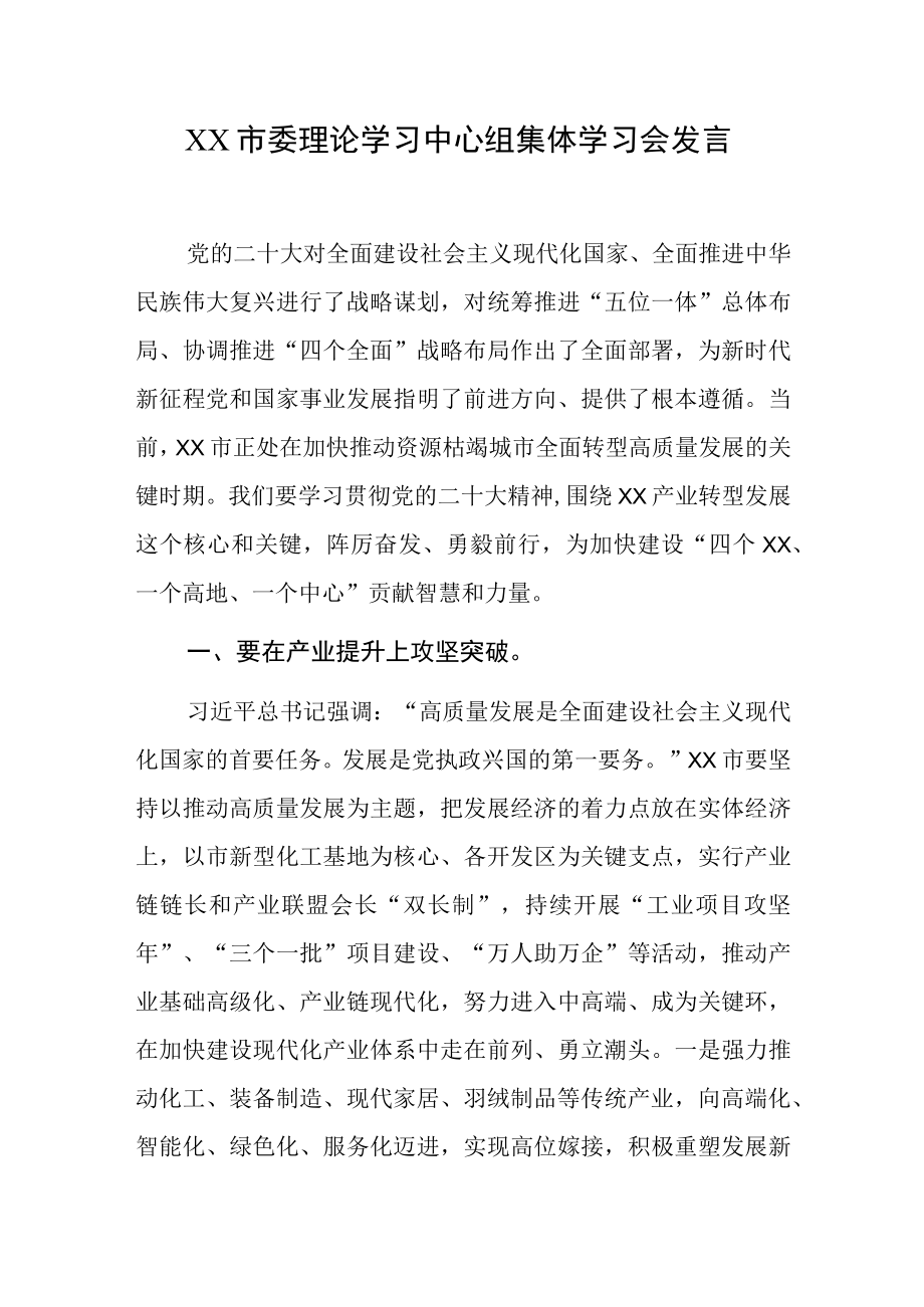 XX市委理论学习中心组集体学习会发言.docx_第1页